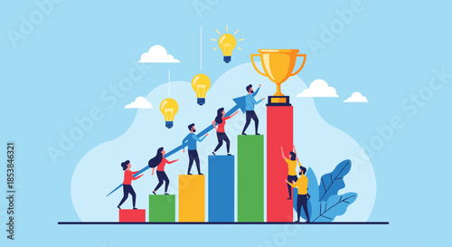 Business team collaborating to reach a gold trophy on top of a rising bar chart representing shared success and professional goals.