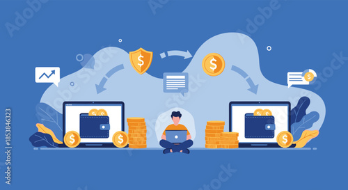 Secure digital financial transaction concept showing a person transferring money between laptops using wallets, coins, and shield icons.
