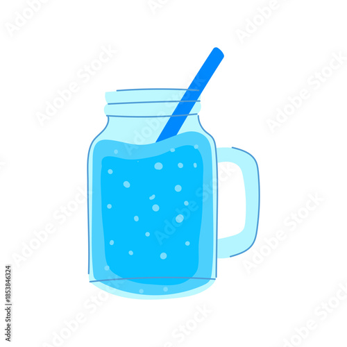 Refreshing blue liquid with bubbles and blue straw in a clear mason jar glass, evoking hydration, coolness, healthy drinking habits, summer refreshment and wellness