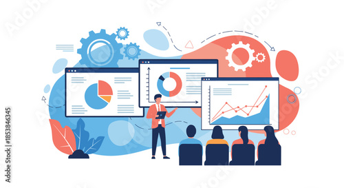 Professional speaker giving a presentation with multiple data screens showing bar charts, pie graphs, and trends.