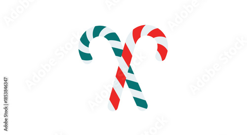 Two striped candy canes in red and green colors are crossed against a plain white background for a classic Christmas holiday symbol.