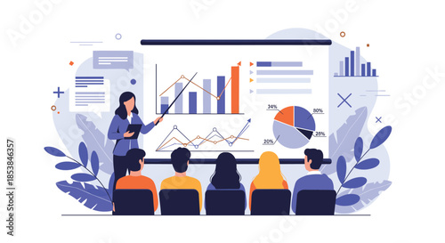 Business woman points at a projection screen with various financial charts and graphs during a meeting with a group of colleagues.