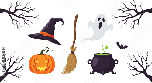 Collection of spooky halloween icons including a jack o lantern pumpkin, witch hat, ghost, broomstick, and cauldron for festive designs.