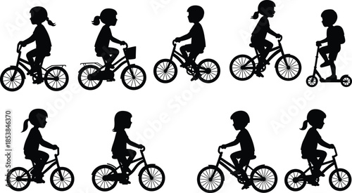 Silhouette of children riding bicycles and scooter, kids outdoor activity, healthy lifestyle, fun exercise, childhood freedom, playtime, recreation, sport concept.