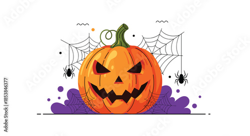Spooky carved halloween pumpkin sits among purple clouds and spider webs with dangling spiders for a festive and eerie atmosphere.