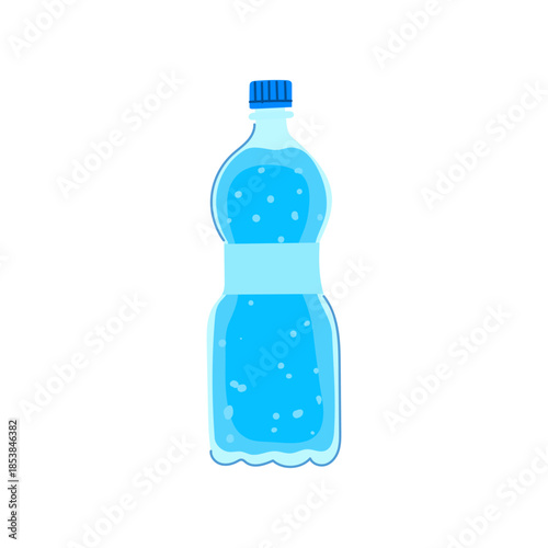 Plastic bottle filled with sparkling clear water and a blue cap, featuring a plain light blue label section and small bubbles representing carbonation or freshness