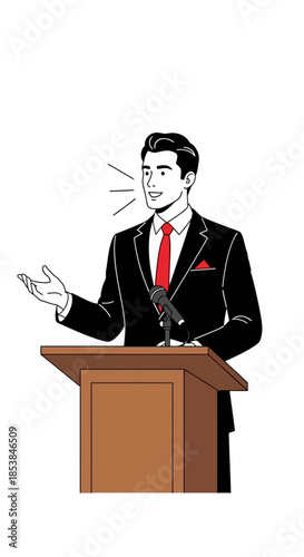 Man in suit giving a speech at podium.