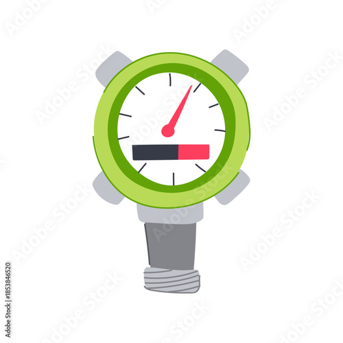 Water meter illustration with a green dial, red indicator needle, and a bar gauge displaying a high usage level, representing monitoring utilities and resource management