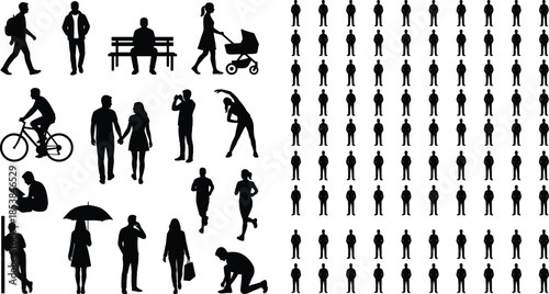 Wide black silhouette of a large oak tree with dense foliage and ground shadow, isolated on white background for graphic design