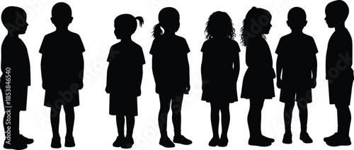 Silhouette of children standing in row, kids group illustration, childhood posture study, body language, youth silhouettes, educational design elements