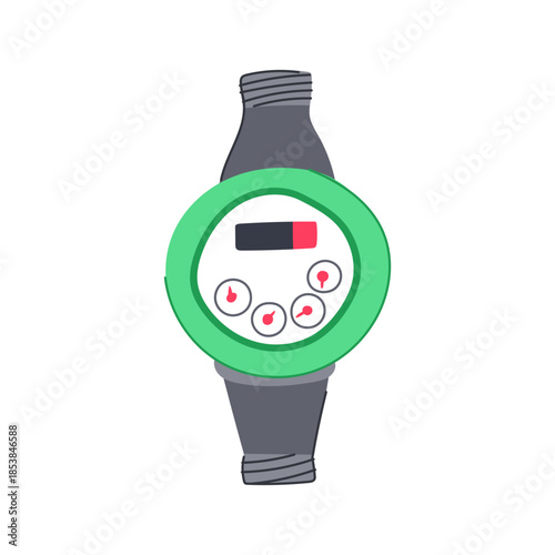 Water meter illustration depicting consumption and billing, showing a green dial, digital display with red bar, and red pointers for tracking usage of resources and utilities