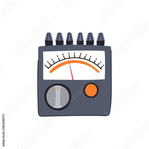 Analog meter with needle, scale and control knob showing power level and energy measurement, vintage style gauge icon for electrical testing, audio or electronics equipment use