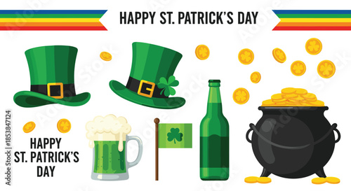 Festive collection of St. Patrick's Day elements, featuring traditional leprechaun hats, green beer, a shamrock flag, and a pot of gold coins, with a celebratory banner.