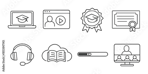 Online learning icons: education, certification, video, ebook, virtual classroom