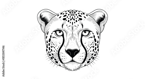 Striking detailed line art illustration of a cheetah's magnificent head, rendered front-facing and showcasing its distinctive spots and iconic tear marks with intricate precision.