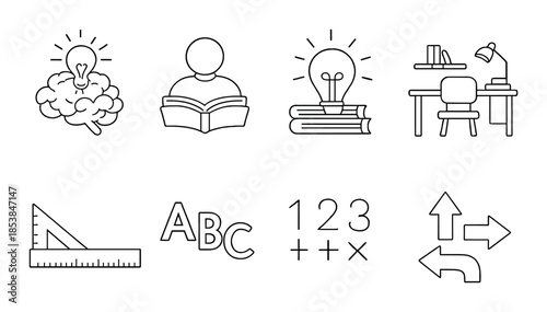 Education icons: lightbulb, books, desk, ruler, alphabet, numbers, arrows