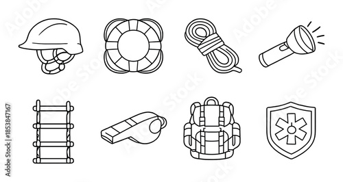 Emergency rescue equipment icons: helmet, life buoy, rope, flashlight, ladder, whistle, backpack, shield
