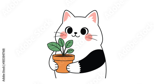 Adorable cartoon illustration of a cute white cat with charming black patches, affectionately holding a small potted plant, symbolizing pet love and nurturing on a clean white background.