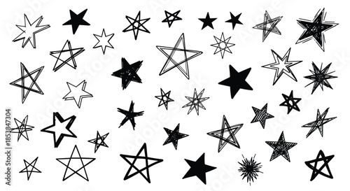 Diverse collection of numerous hand-drawn, doodle-style stars in bold black outlines and solid fills, randomly scattered across a clean, pristine white background, perfect for whimsical designs.