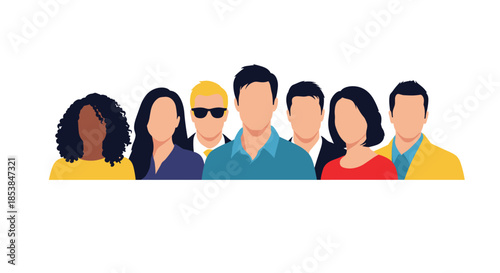 Professional illustration of a diverse group of seven people, including men and women with minimalist facial features, representing a modern business team or collaborative community.
