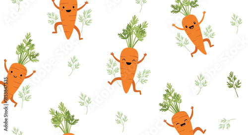 Lively seamless pattern showcasing numerous cheerful cartoon carrots with happy faces and vibrant green tops, playfully dancing amidst small plant elements on a bright white background.