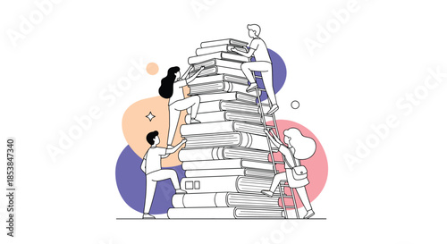 Ambitious students and learners actively climbing a massive stack of books, symbolizing the pursuit of knowledge, education, and academic achievement.