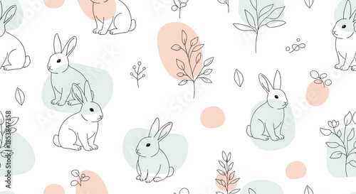Charming seamless pattern featuring cute outline rabbits, delicate leaves, and soft pastel abstract shapes on a serene white background, perfect for textiles.