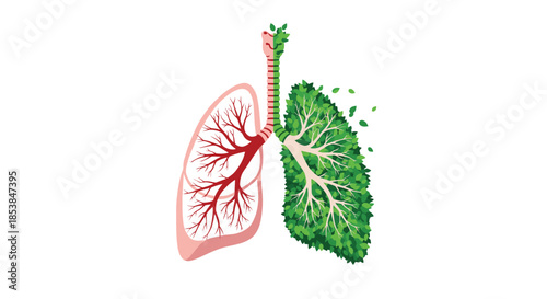 Innovative illustration of human lungs, one with a healthy internal structure and the other composed of lush green leaves, symbolizing clean air and environmental health.