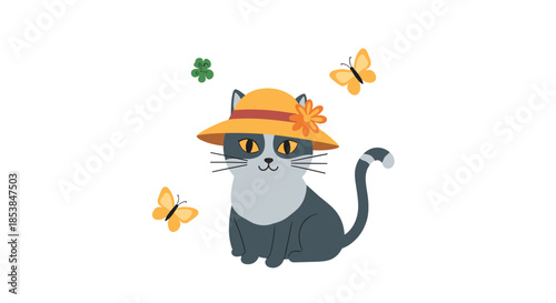 Adorable grey cat wearing a stylish yellow straw hat adorned with a flower, surrounded by playful butterflies and a lucky clover, symbolizing spring fun.