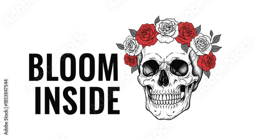 Striking design featuring a human skull adorned with a beautiful wreath of red and white roses, accompanied by the empowering text "BLOOM INSIDE".