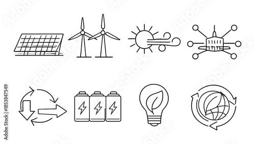 Sustainable energy icons: solar, wind, battery, eco-friendly technology, renewable resources