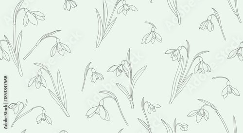 Serene seamless pattern featuring delicate outline snowdrop flowers with subtle textured line work, creating a graceful floral motif on a soft light green background.