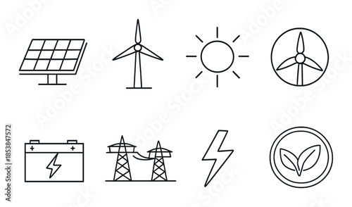 Renewable energy icons: solar, wind, battery, and power symbols