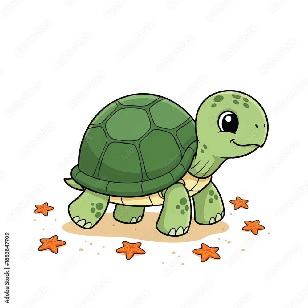 Obraz premium A cute cartoon turtle with a green shell and smiling face standing on a sandy patch surrounded by orange stars on a white background.