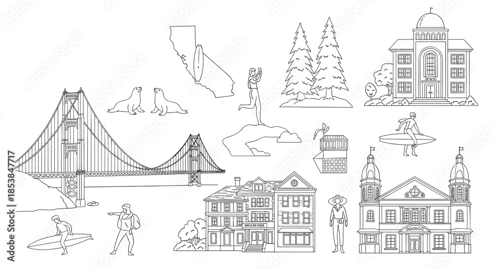 Fototapeta premium Comprehensive line art collection showcasing iconic California landmarks and activities, including the Golden Gate Bridge, surfing, sea lions, and diverse architecture.