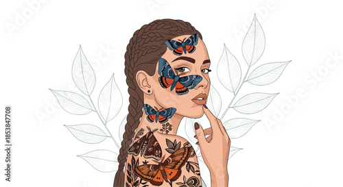 Artistic portrait of a woman with braided hair and intricate tattoos, adorned with beautiful butterflies on her face and body, symbolizing transformation and nature.