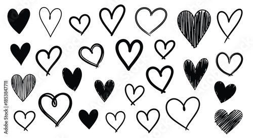 Diverse collection of hand-drawn heart shapes in various styles, including filled, outline, and scribbled, ideal for conveying love and emotion in designs.