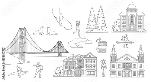 Comprehensive line art collection showcasing iconic California landmarks and activities, including the Golden Gate Bridge, surfing, sea lions, and diverse architecture.