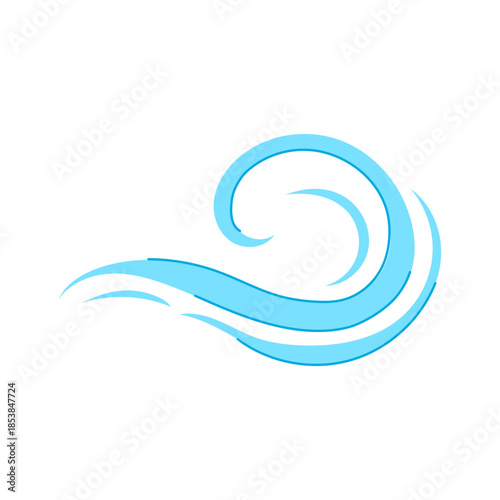 Abstract illustration showing blue swirling lines representing air current, wind flow, movement, and a refreshing breeze on a clean white background, conveying natural force