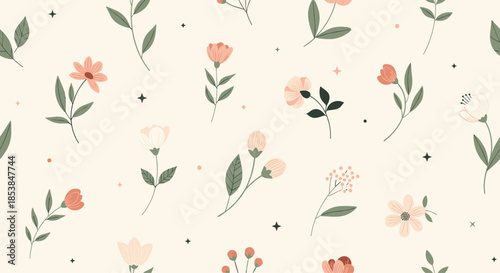 Charming seamless pattern featuring small delicate flowers and elegant leaves gracefully scattered across a soft light beige background, ideal for vintage designs.
