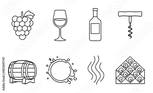 Wine icons: grapes, glass, bottle, corkscrew, barrel, spill, aroma, rack