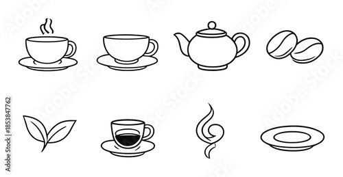 Minimalist coffee and tea icon set with cups, teapot, and beans on gray background