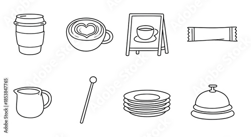 Coffee shop icons: cup, latte art, menu, napkin, creamer, stirrer, plates, bell