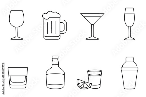 Outline icons of various alcoholic drinks on gray background
