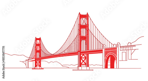 Striking red line art illustration of the iconic Golden Gate Bridge, elegantly standing against a clean white background with subtle outlines of distant hills.