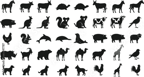 Animal silhouette vector set, wild and domestic species grid, black wildlife icons including birds, mammals, farm and jungle animals