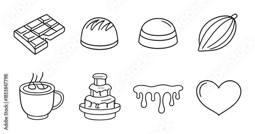 Assorted chocolate icons: bar, dome, cocoa bean, cup, fountain, dripping, heart