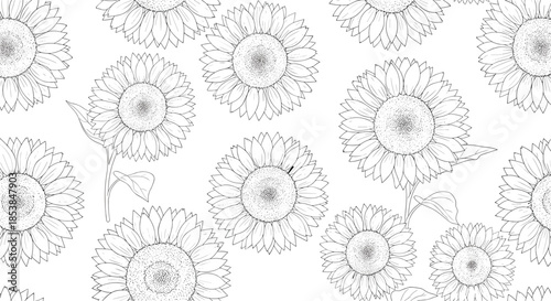 Vibrant seamless pattern showcasing numerous outline sunflowers with intricate textured line work, creating a cheerful botanical motif on a clean white background.