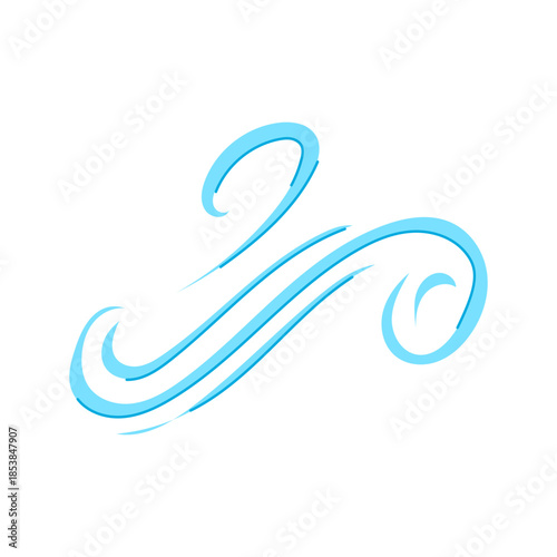 Swirling blue lines creating graphic representation of wind or air current moving across a plain white background, symbolizing weather conditions and natural elements