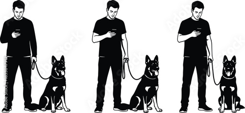 Dog walking silhouette vector set, person with smartphone and German Shepherd on leash, black human pet interaction design